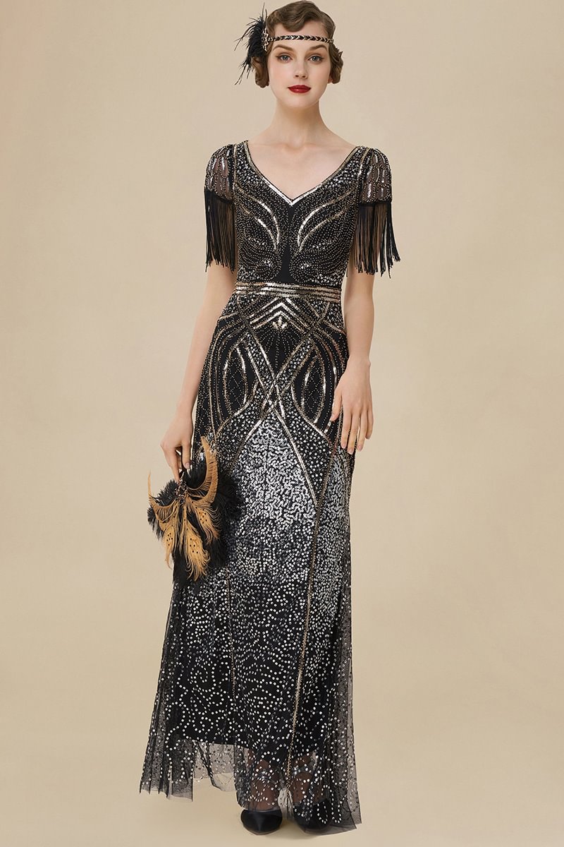 1920s Black Retro Gradient Strar Drilling Bodycon Maxi Dress [Pre-Order]