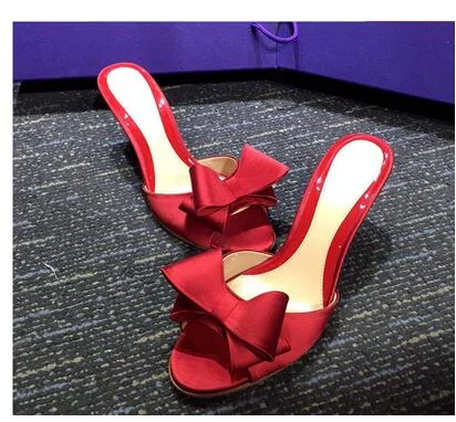 Qengg Sweet Mule Women Slippe Silk Butterfly Knot Mules Slip-on Kitten Heels Slippers Satin Dress Causal Outdoor Sandals Shoes femme