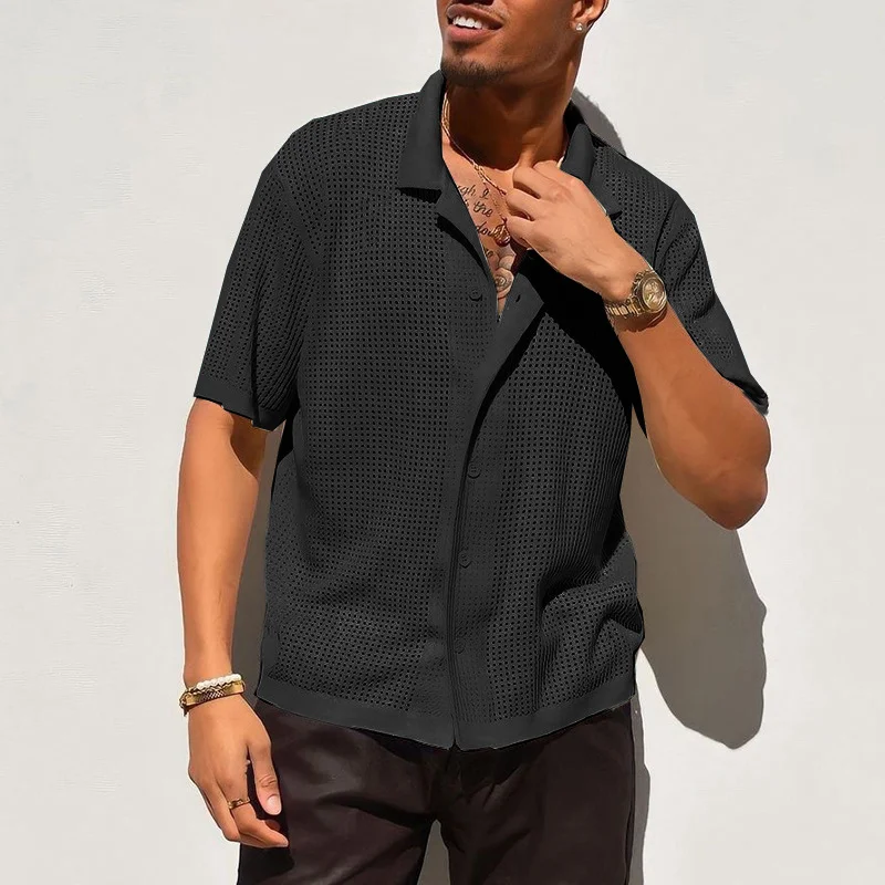 Wongn Wongn Men's Casual Knit Shirt Men's Summer New Solid Color Lapel Hollow Out Breathable Men's Short-Sleeved Jacket