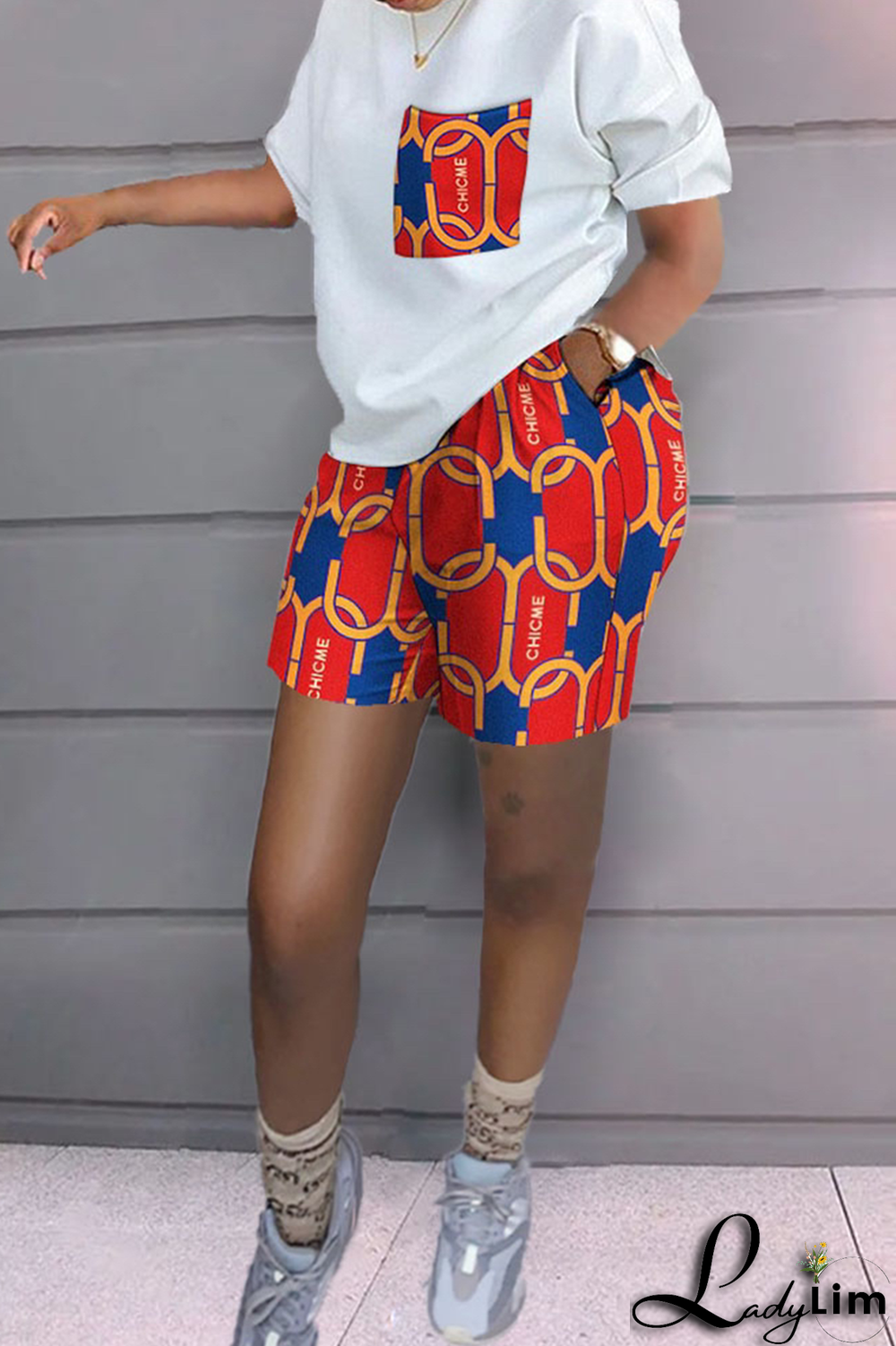 White Yellow Casual Print Patchwork O Neck Short Sleeve Two Pieces