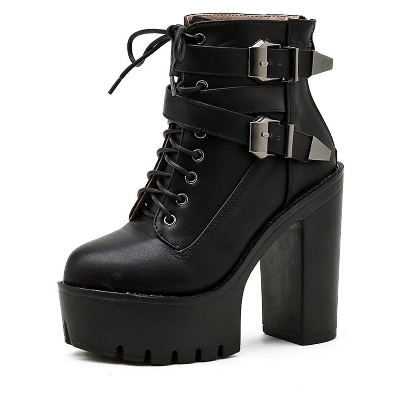Gdgydh Fashion Metal Buckle Ankle Strap Platform Boots Gothic High Heels For Women Lace Up Black Leather Punk Style Ankle Boots