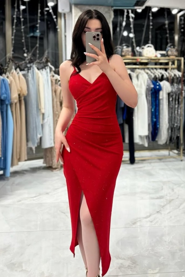 Red Charming Spaghetti-Straps Split Glittery Evening Dress | ZT0430