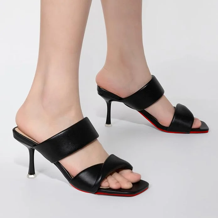 75mm Women's Red Bottom Two Straps Kitten Heeled Slide Sandals Square High Heels Open Toe Shoes -MERUMOTE