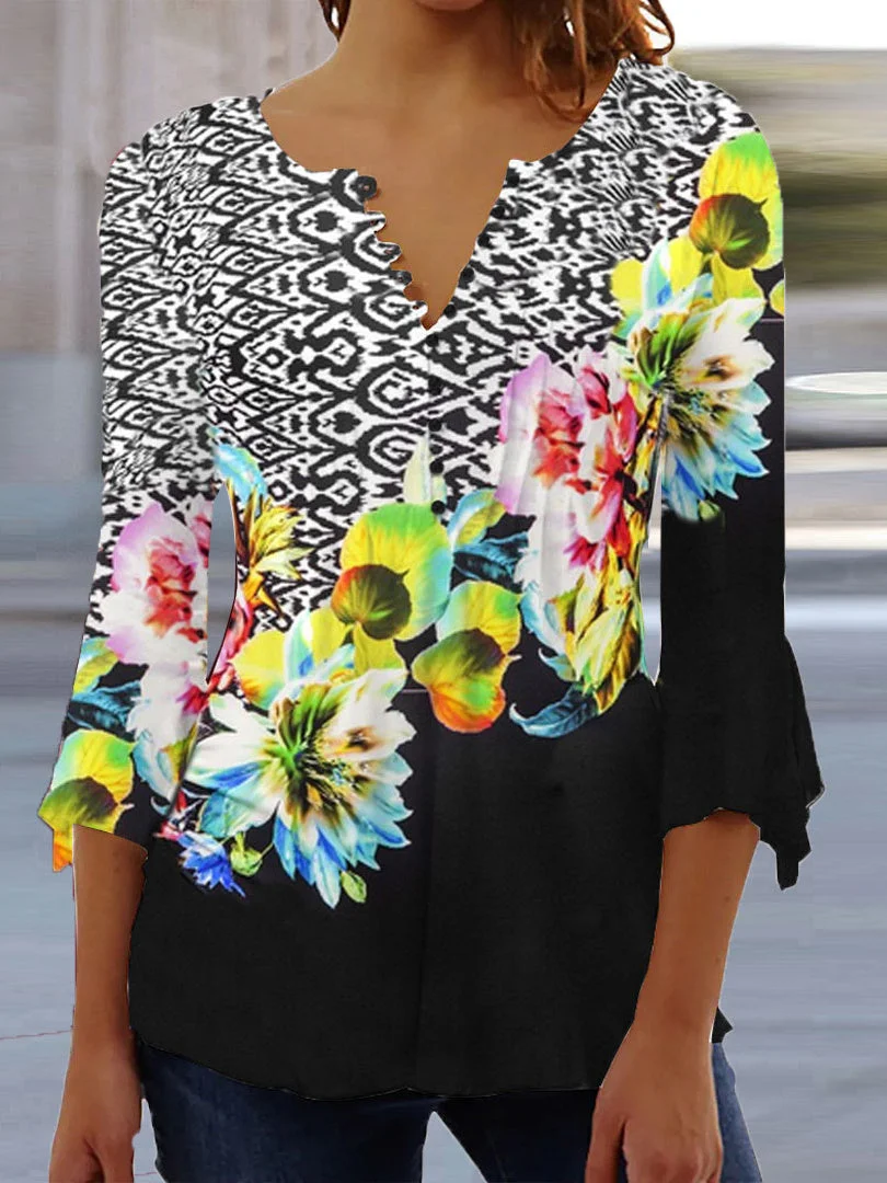 Women 3/4 Sleeve V-neck Colorblock Floral Printed Top