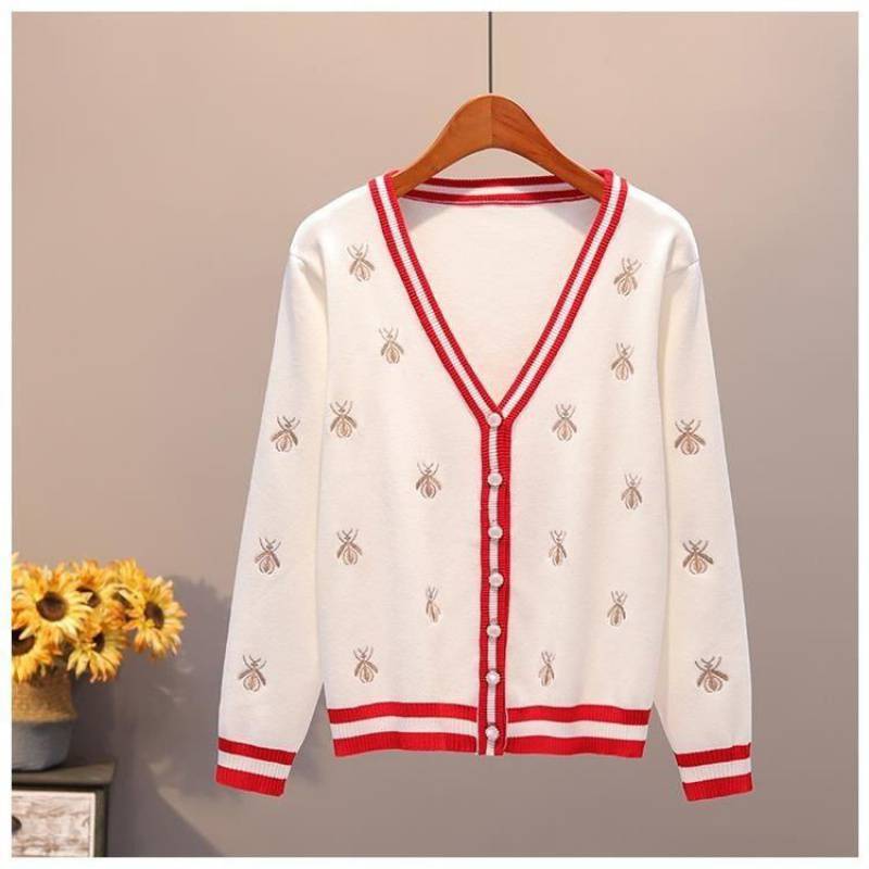  thdmladies Knitted Cardigan New Bee Embroidered Contrast Color Sweater thedmladies