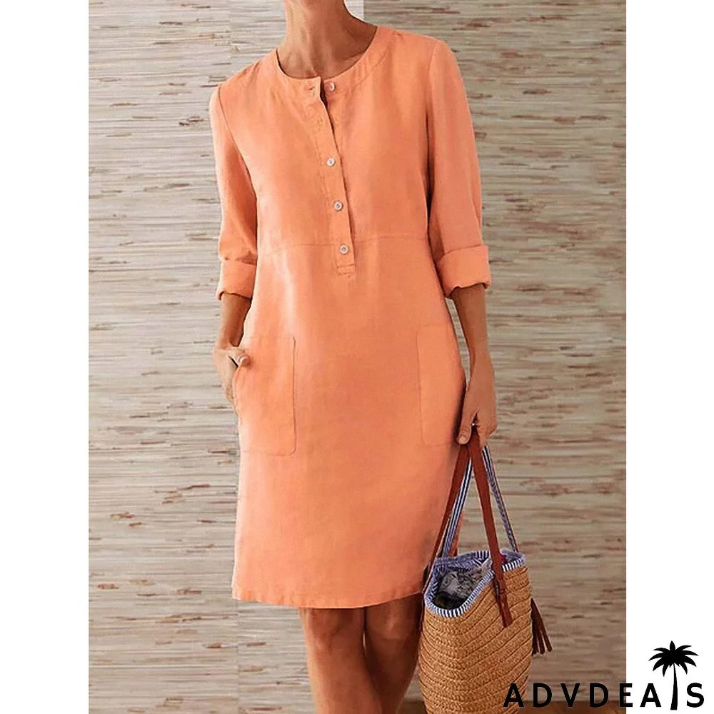 Spring NEW round Neck Solid Color Long Sleeve Dress