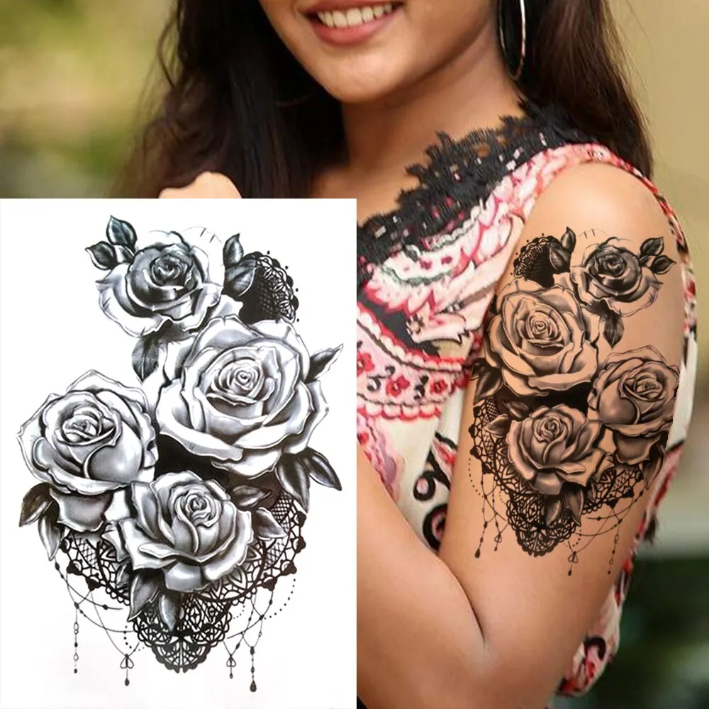 3D Flower Triangle Temporary Tattoos For Women Girl Fake Wolf Deer Geometry Tattoo Sticker Peony Dahlia Body Art Adults Tatoos