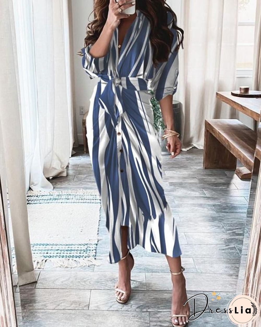 Elegant Print Satin Pleated Classy Bandage Shirt Dress