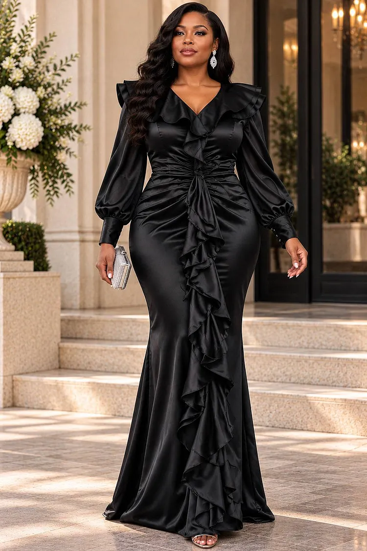 Xpluswear Design Plus Size Formal Black V Neck Puff Sleeve Long Sleeve Ruffle Bodycon Satin Maxi Dresses [Pre-Order] 2024 - Xpluswear