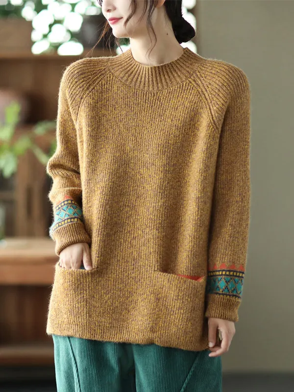 Long Sleeves Loose Heart Print Jacquard Split-Joint Round-Neck Pullovers Sweater Tops