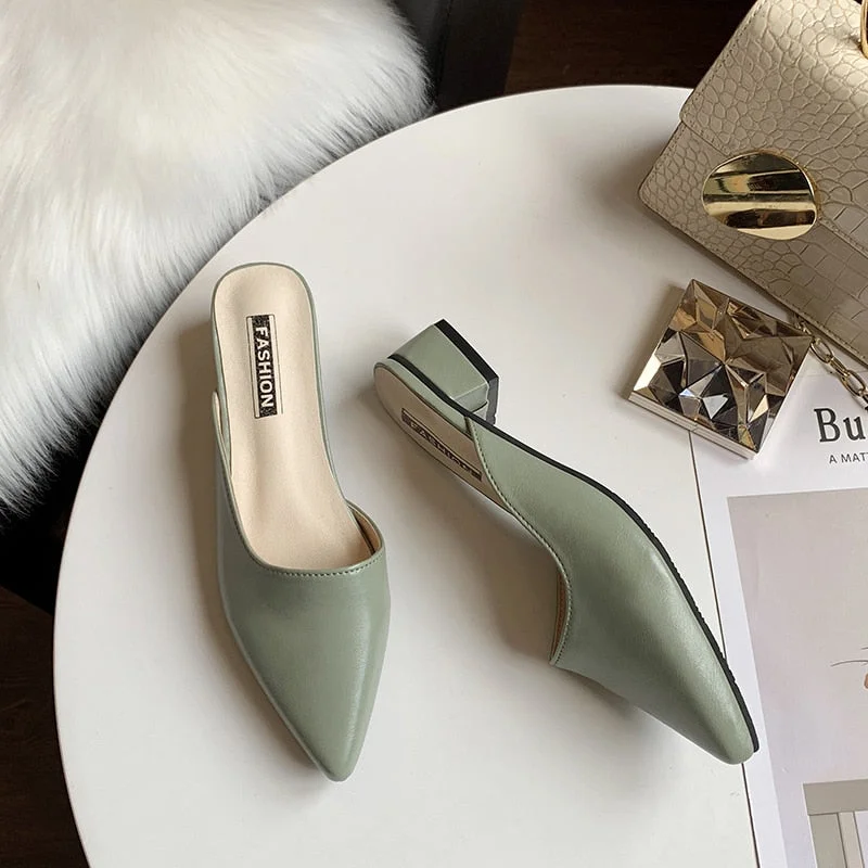 Sexy Pointed Toe Womens Slippers Slip On Ladies Mules Low Heel Woman PU Leather Pumps Summer Casual Slides Female