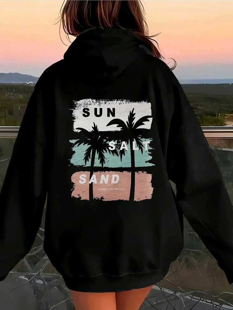 Women's Sun Salt Graphic Print Hoodie - Black Geometric Palm Tree Sunset Design, Loose Fit Casual Pullover, Lightweight All-Season Sweatshirt For Spring Summer Fall, Sun Hoodie, Summer Pullover, Versatile Sweatshirt, Clothing Essential, Trendy Pullover