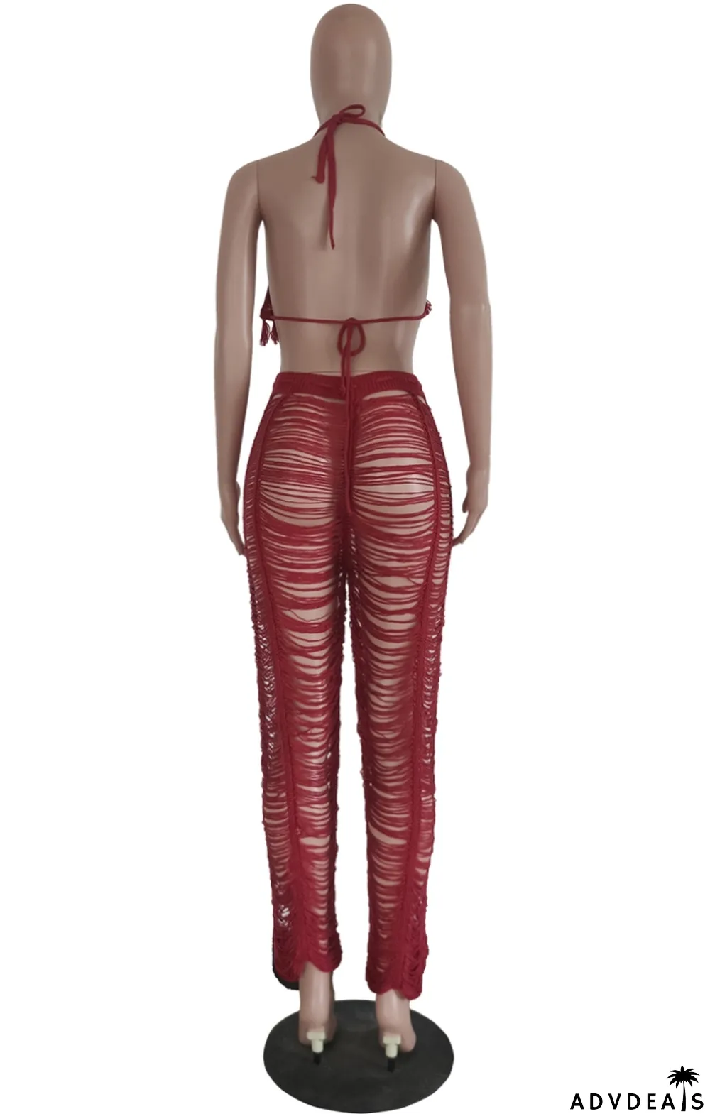 Autumn Sexy Red Knit Hollow Out Tassel Bra and Pants Set
