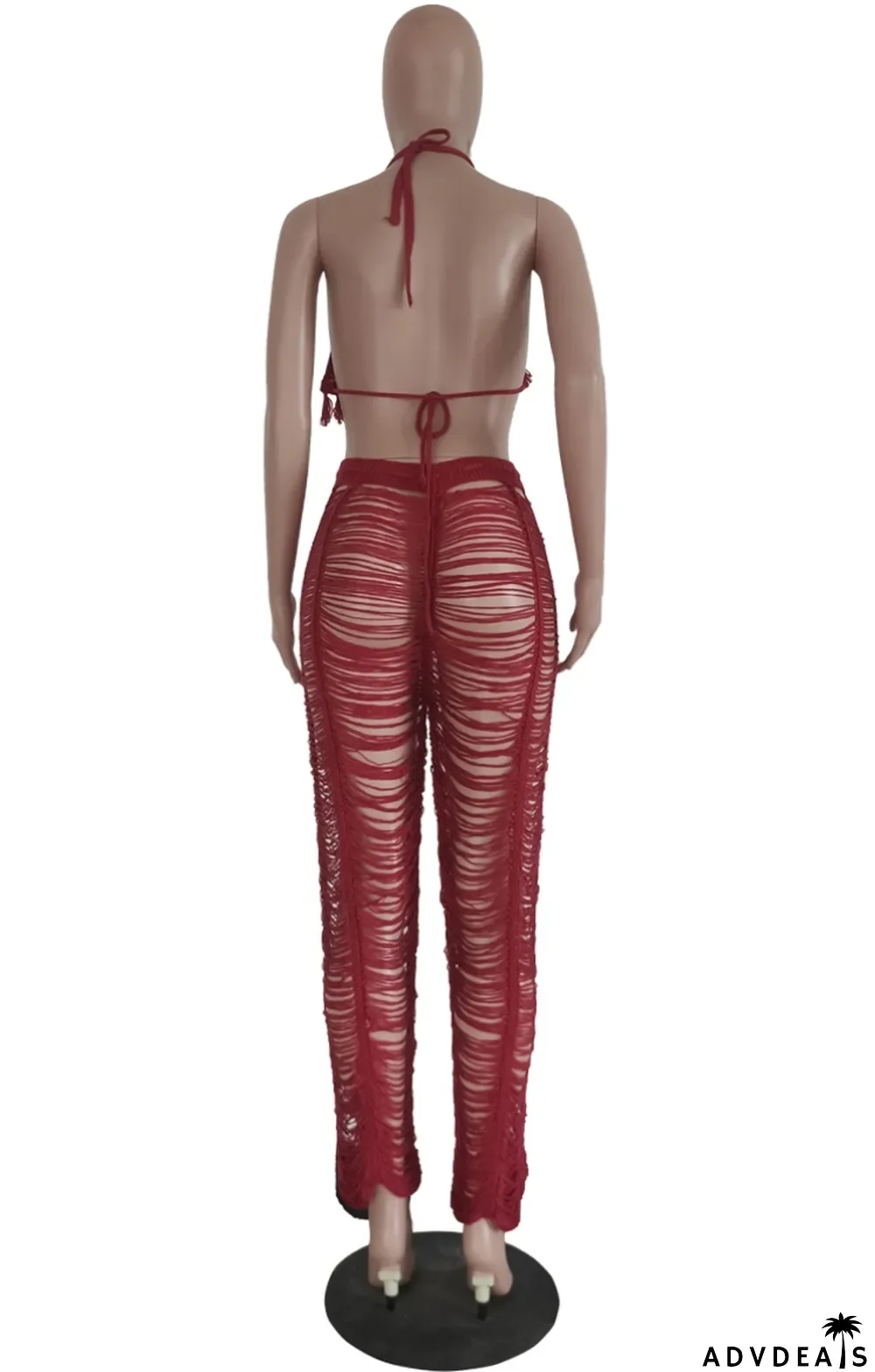 Autumn Sexy Red Knit Hollow Out Tassel Bra and Pants Set