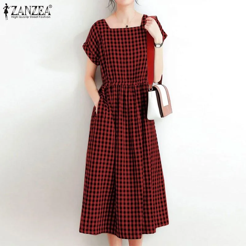 ZANZEA Vintage Women Plaid Checked Midi Dress Summer Elegant Square Neck Short Sleeve Sundress Party Vestidos  Femme