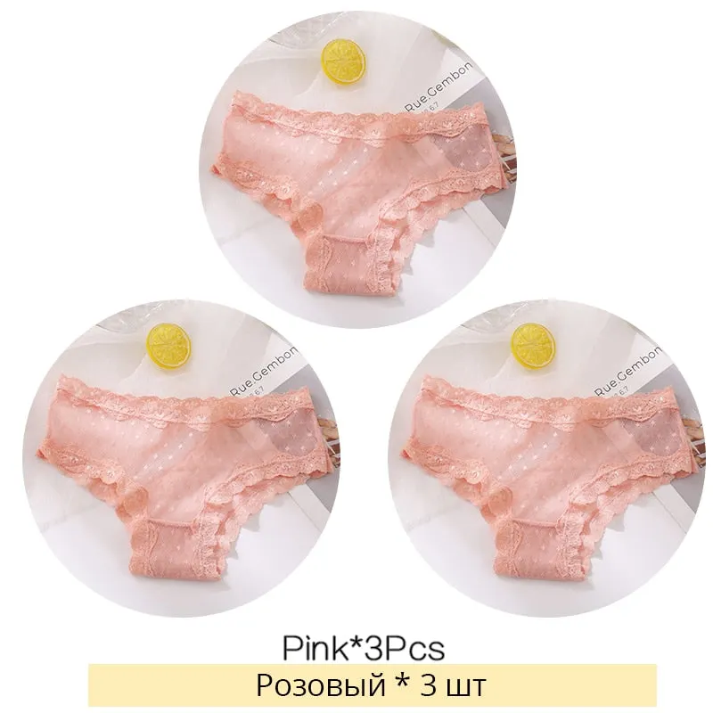 FINETOO Sexy Lace Thongs Women 3Pcs/set Transparent G-string Panties Dots Lace T-back Underwear Fashion Female Underpants M-XL