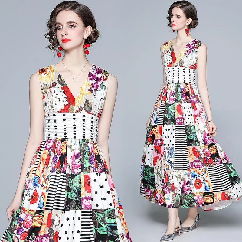 Retro polka dot flower contrast print V-neck holiday big swing dress