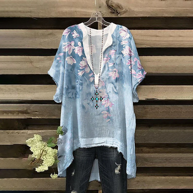 Vintage V-Neck Floral Pattern Straight Short-Sleeved Shirt