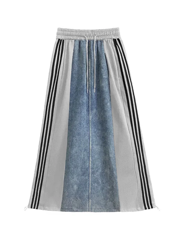 Street Black Contrast Color Drawstring Split-Joint Striped A-Line Denim Skirt