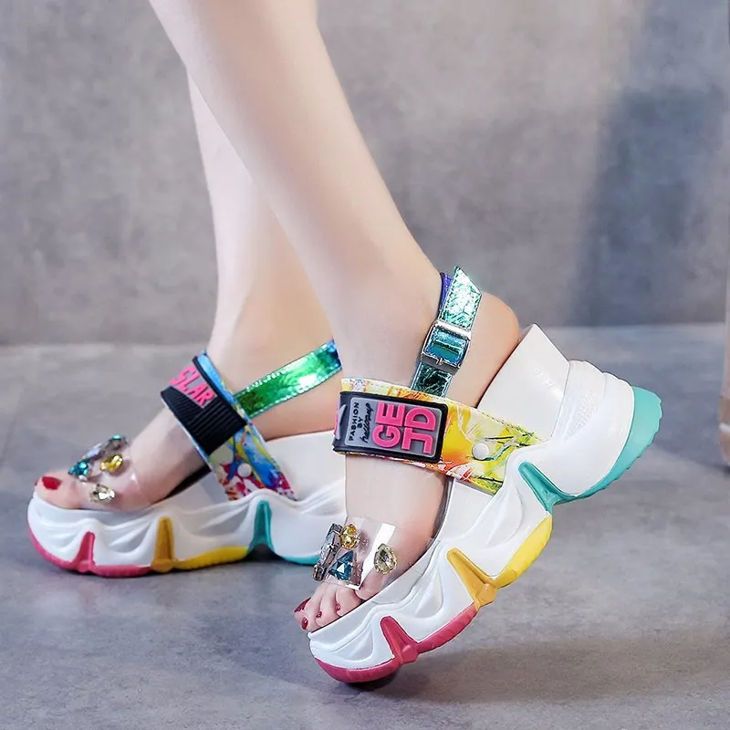 Lucyever 2020 New Women Summer Wedge Sandals Transparent PVC Crystal Chunky Platform Shoes Woman Rainbow Thick Bottom Sandalias