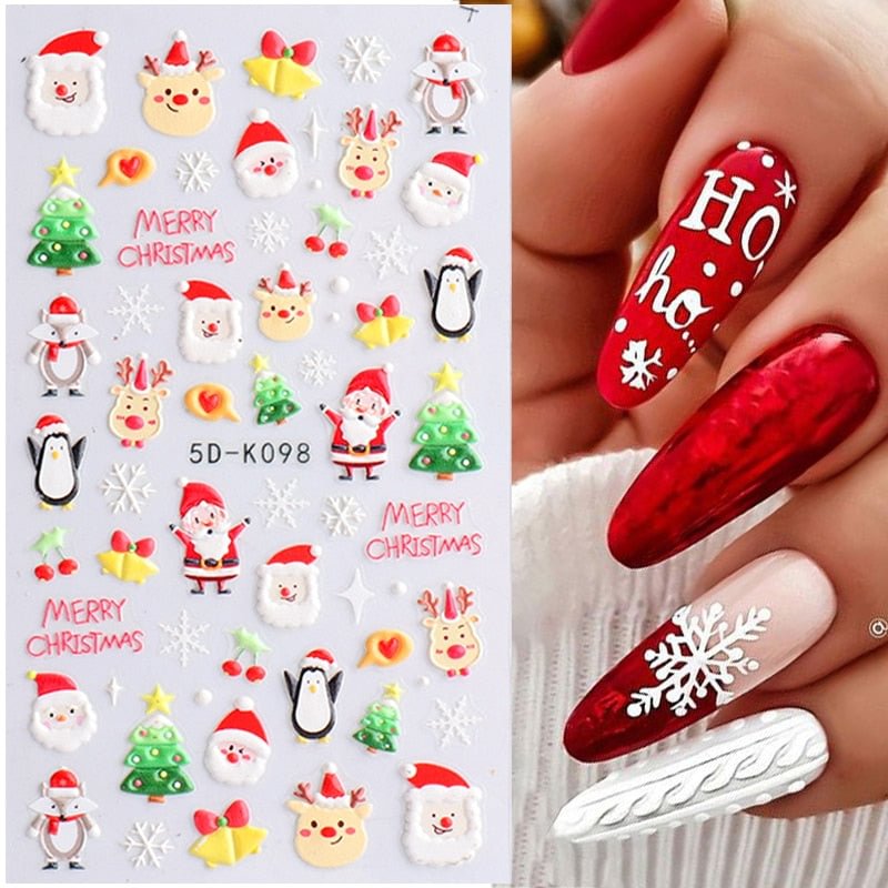 5D White Snowflakes Red Xmas Nails Stickers For New Year Embossed Self Adhesive Decals Cloud Snow Leaf Christmas DIY Decoration
