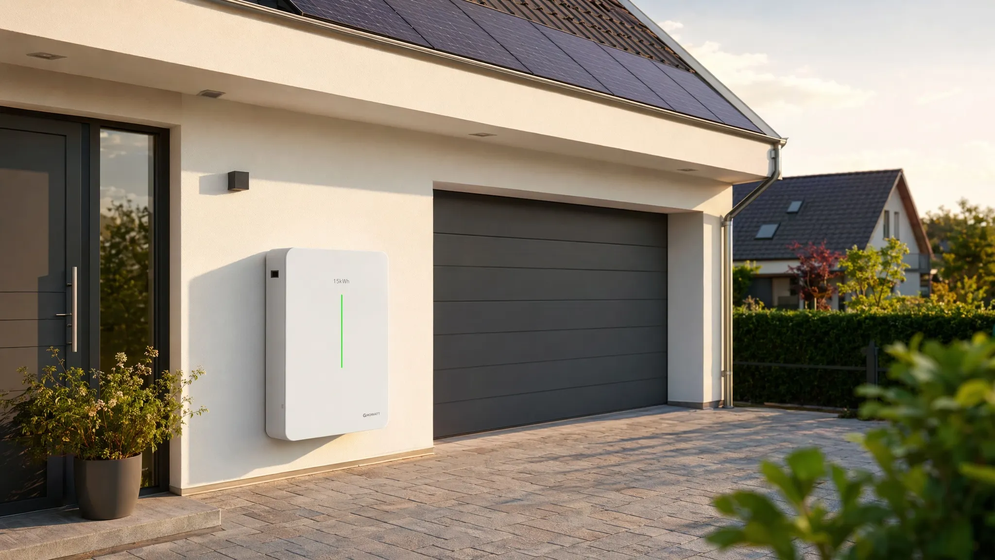 Baiya wall-mounted residential 15kWh battery on white German home exterior next to garage