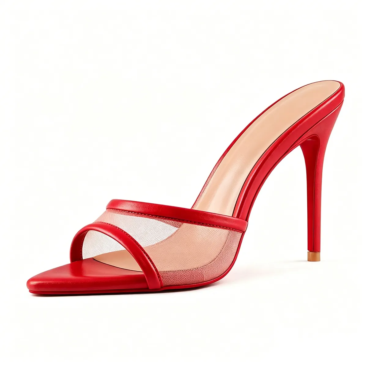 100mm Women's High Heel Red Bottom Sandals, Pointed Toe Open-Toe Mesh Mules with Slip-On Slim Heels