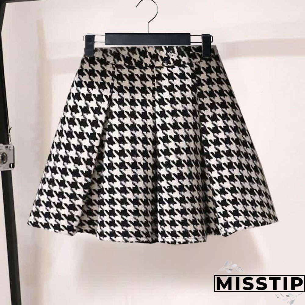 Chic Houndstooth Print Crop Blazer Jacket Pleated Skirt
