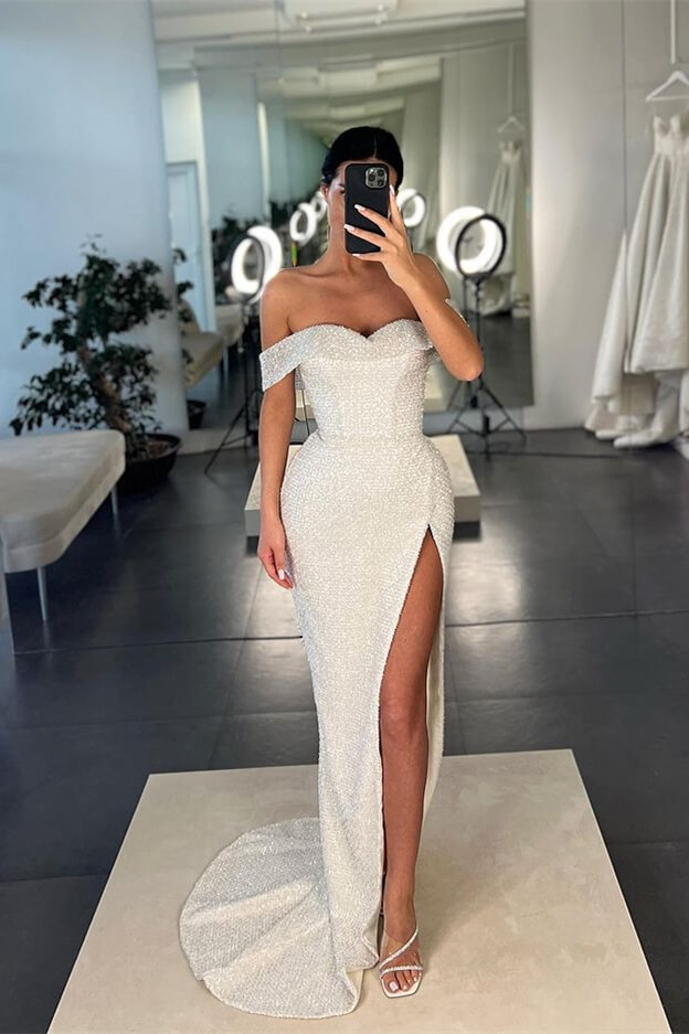 Oknass Charming White Sequins Off the Shoulder Mermaid Long Prom Dress With Split