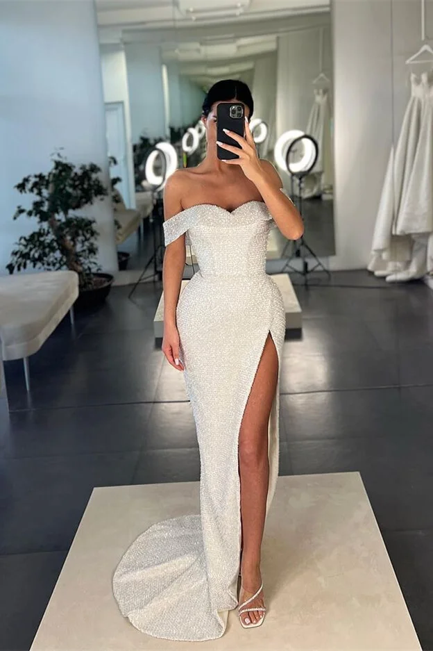 White Off-the-Shoulder Mermaid Sequins Prom Dress With Split ED0235