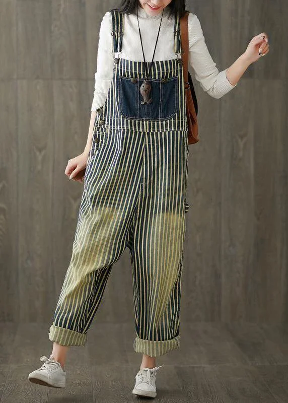 Women Casual Cotton Minimalist Vertical Striped Vintage Full Length Jumpsuits