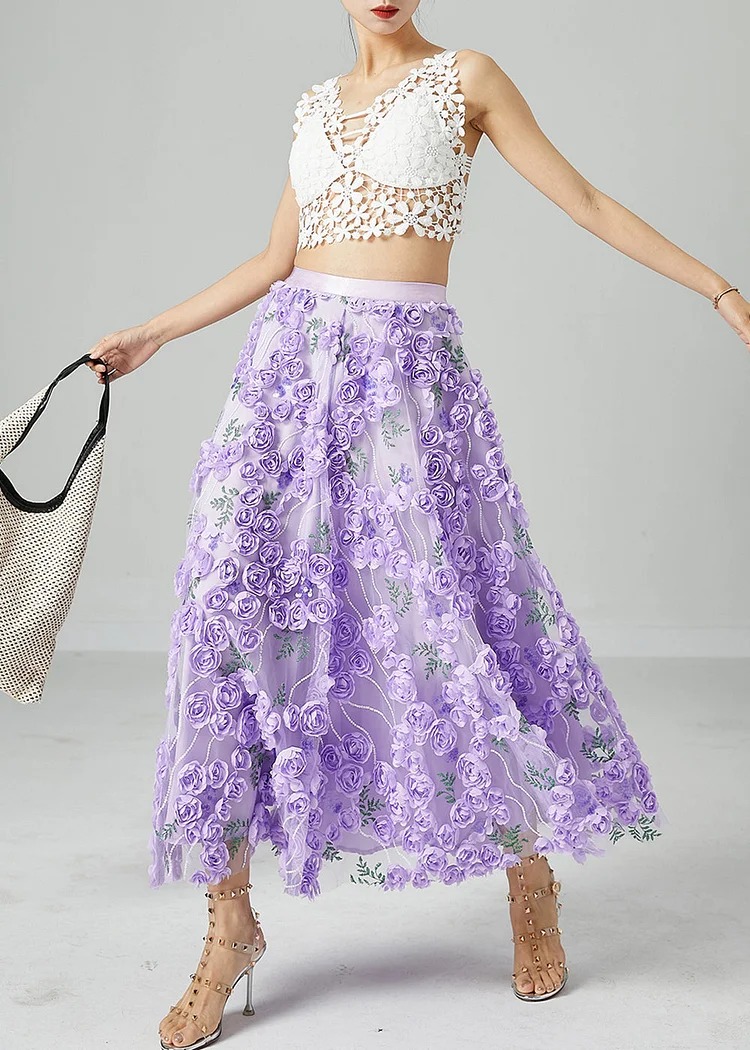 Beautiful Light Purple Embroideried Floral Tulle Skirts Summer