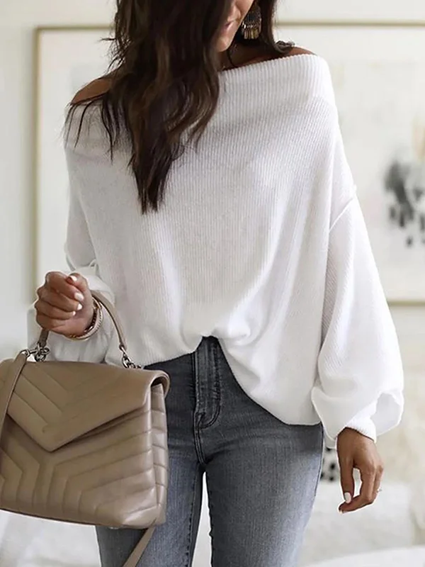 Simple Loose Puff Sleeves Cold Shoulder White Shirts Tops