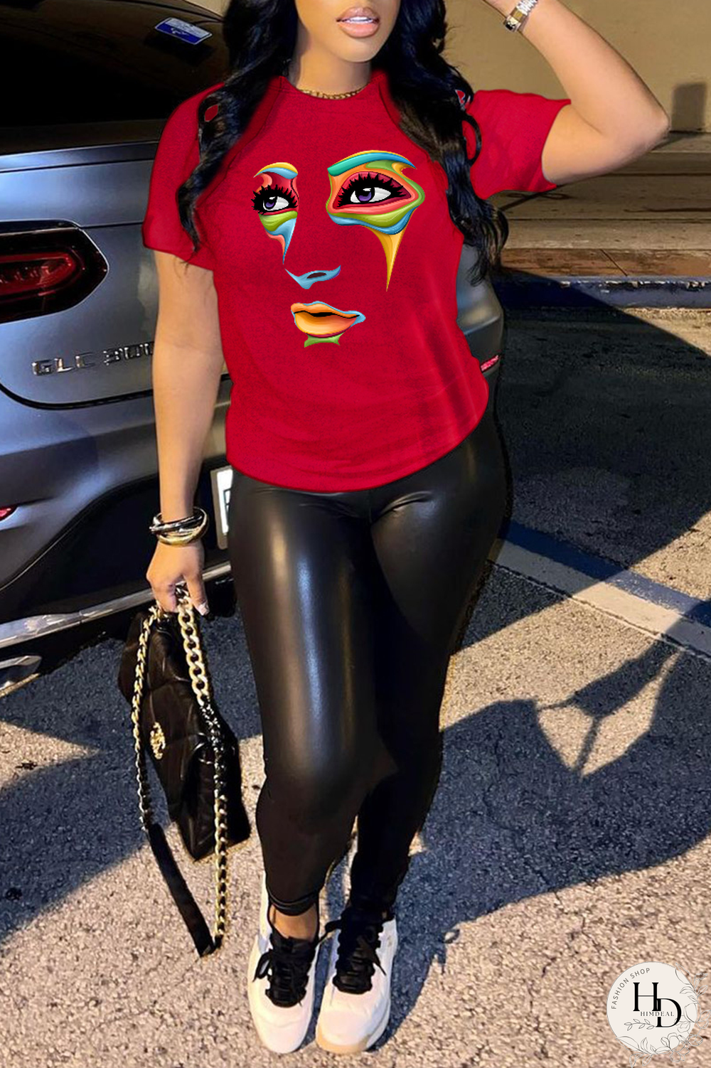 Red Street Vintage Print Patchwork O Neck T-Shirts