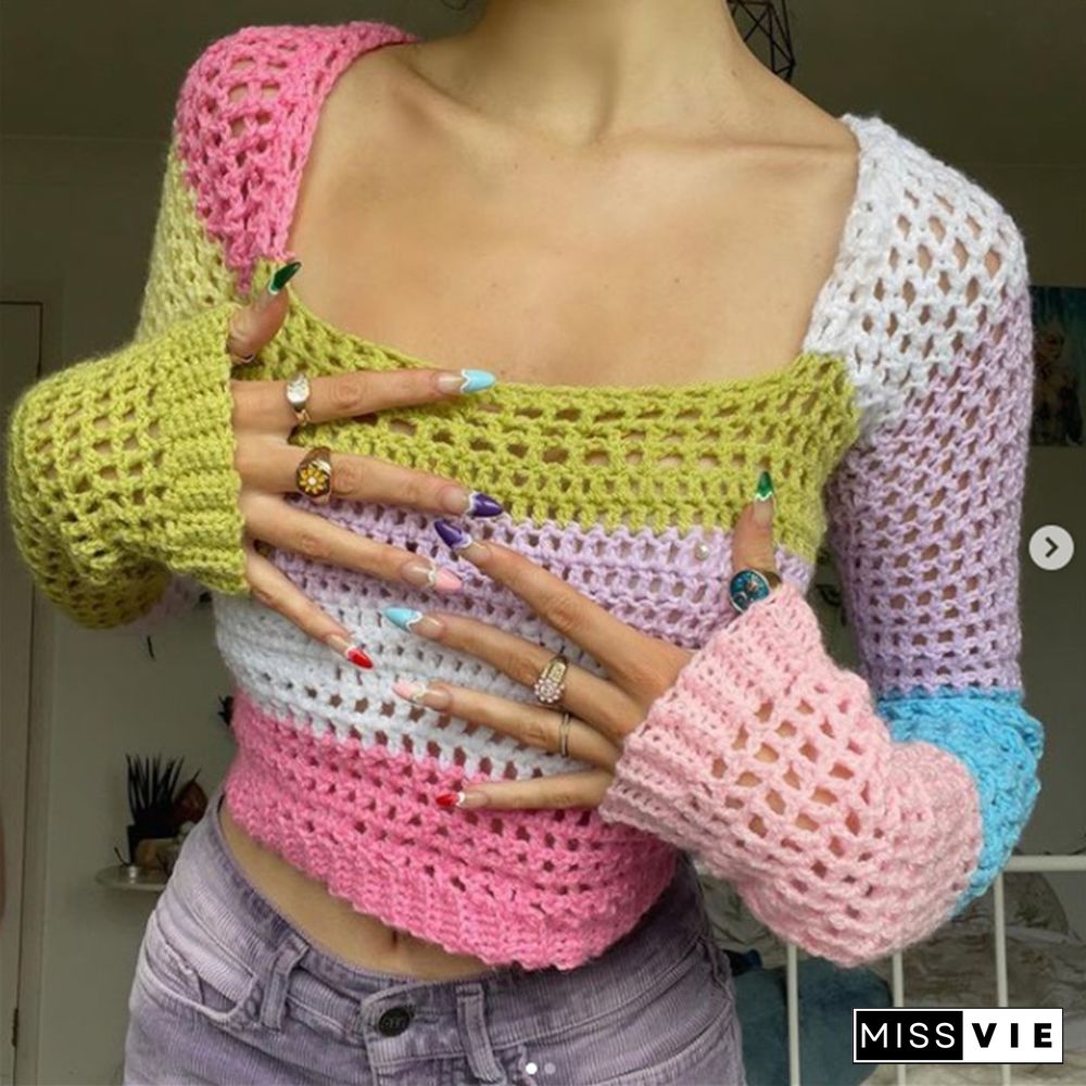 Women Striped Print Y2K Knitted Sweaters Autumn Loose Pullovers Streetwear Vintage Harajuku Cute Knitwear Retro Shirt