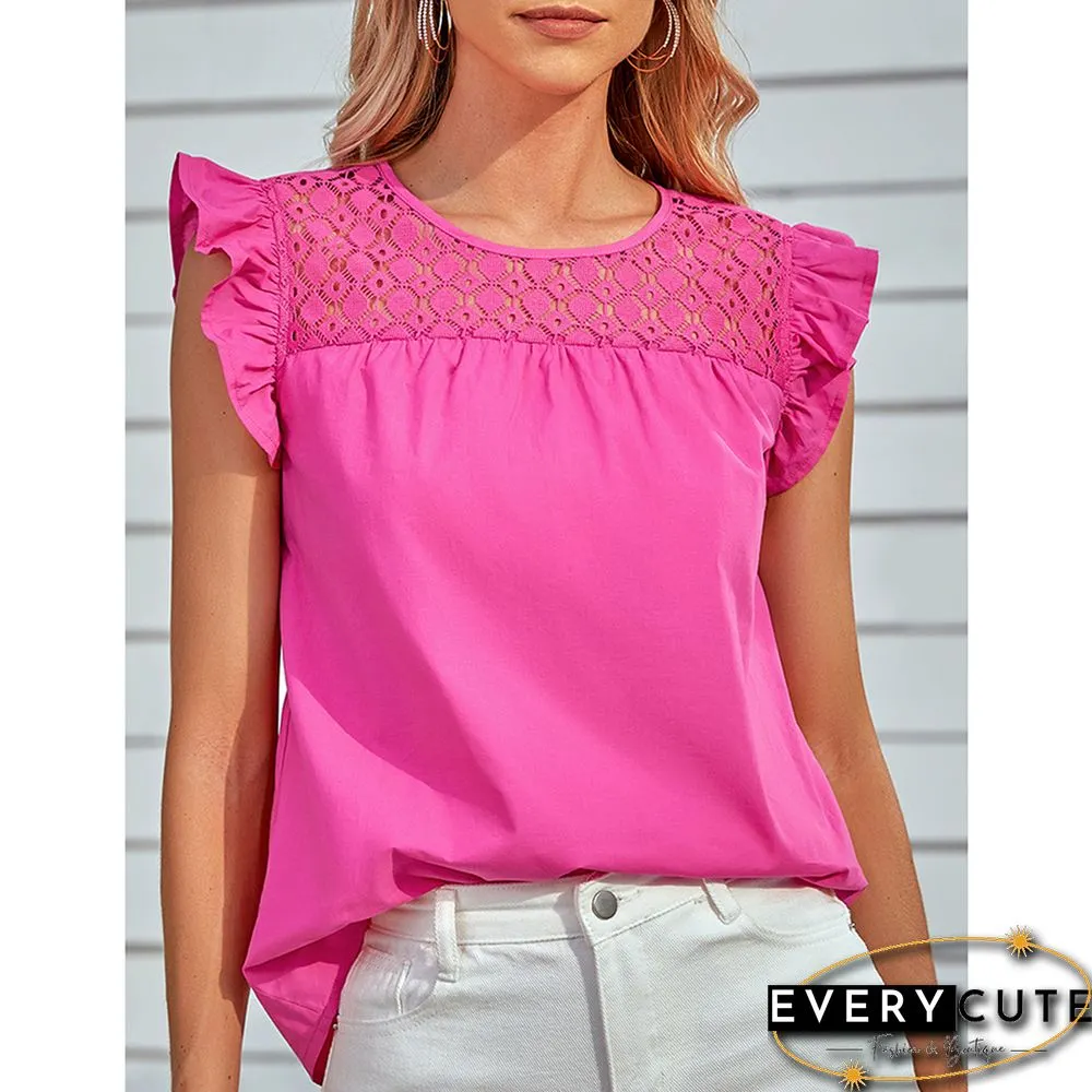 Pink Spliced Lace Neck Ruffled Sleeve Tank Top