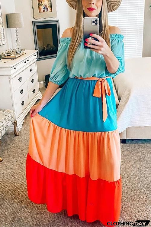 Color Block Off Shoulder Puff Sleeve Maxi Dress