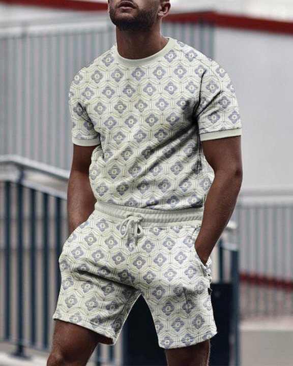 Men's Casual Printed Short Sleeve Two Piece Set