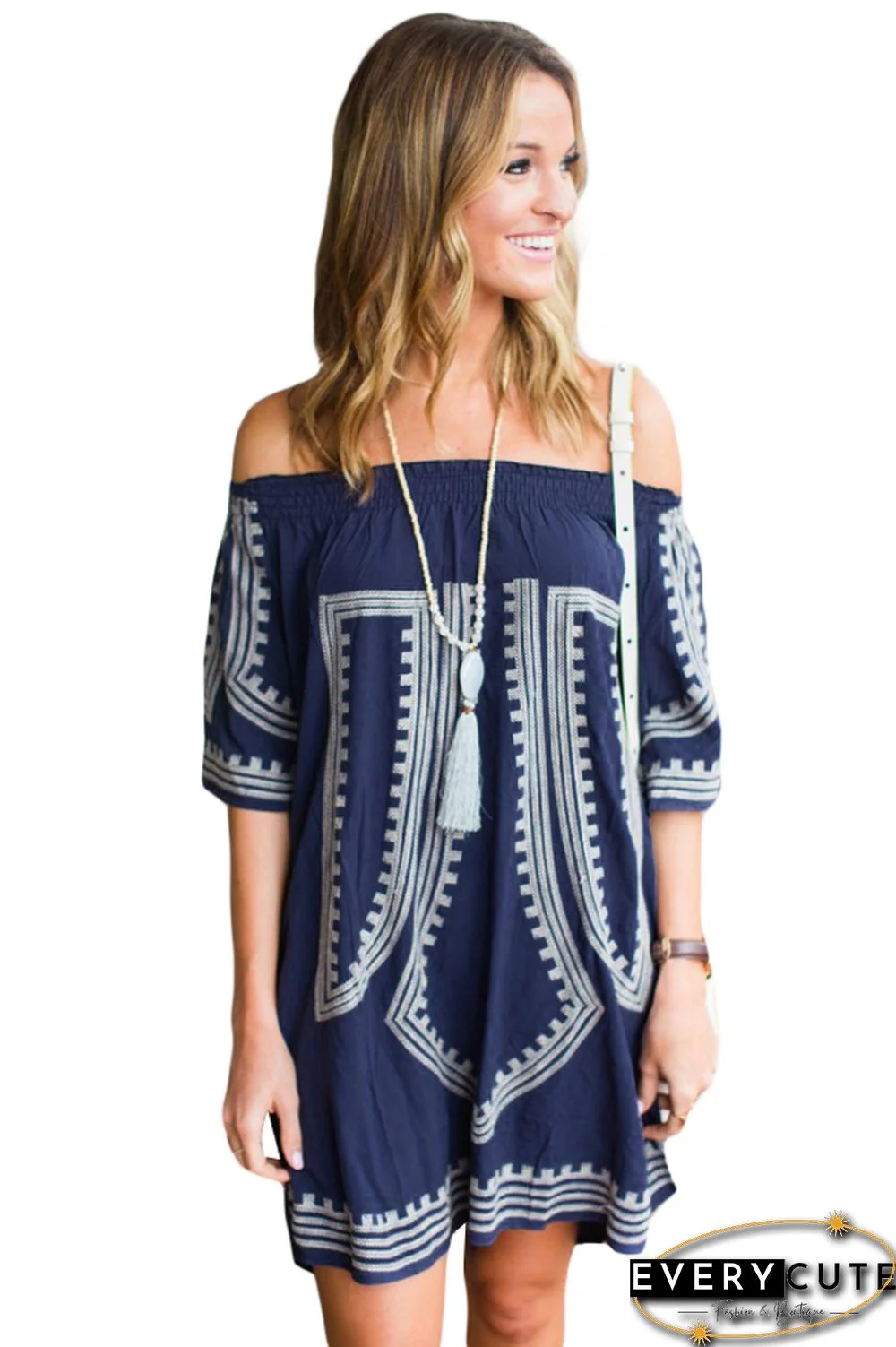 Bohemian Vibe Geometric Print Off The Shoulder Beach Dress