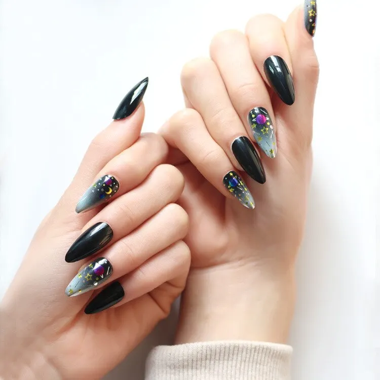 Fake Nails with Glue Metal Color False Nail Art Tips Press on Coffin Stick Designs Clear Set Full Cover Artificial Short Kiss-Nail Inspo