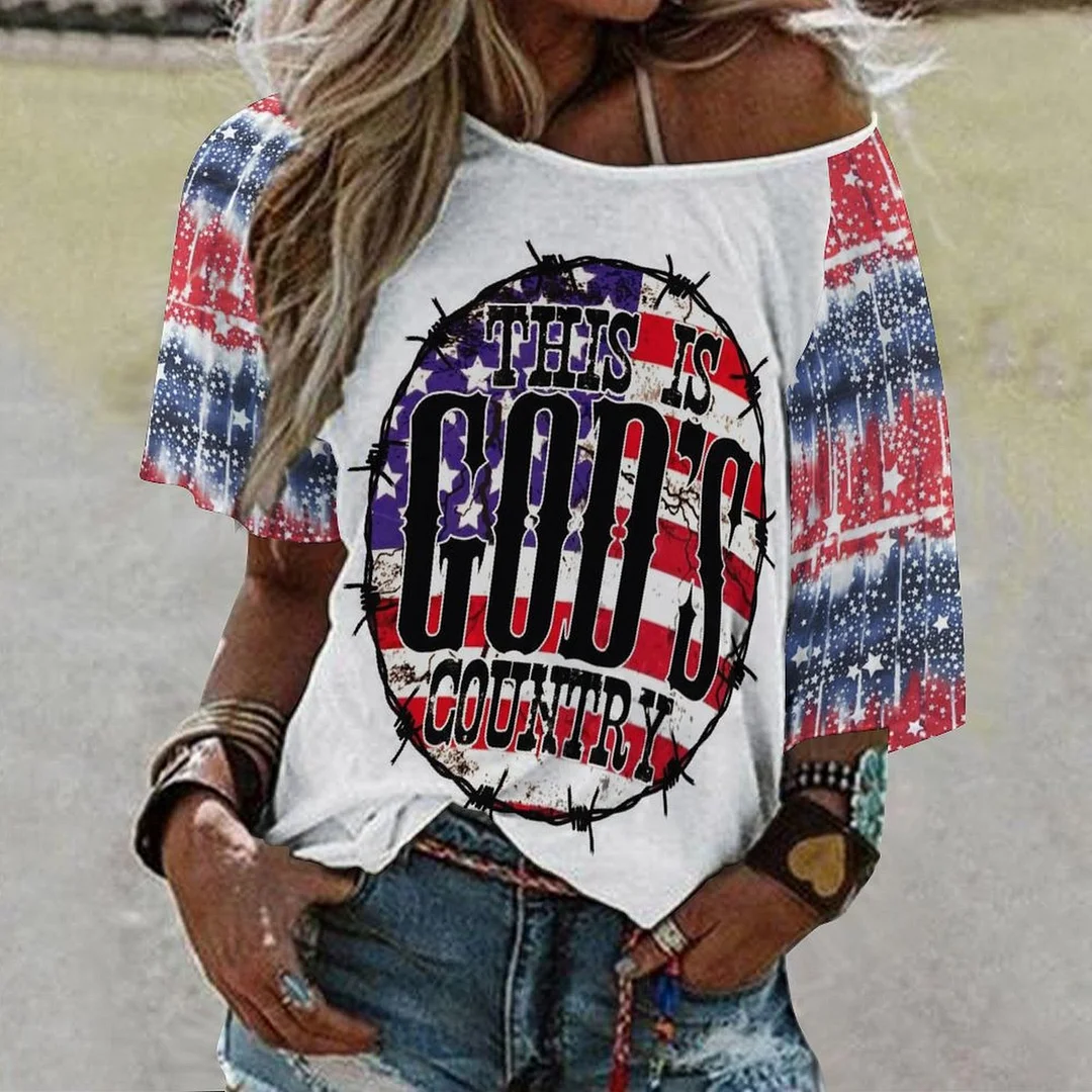 Shoulder Off  Loose Short Sleeve Casual T-shirt for Women Printed with Pattern USA, Independence Day, Star, Striped, Blue, Red
