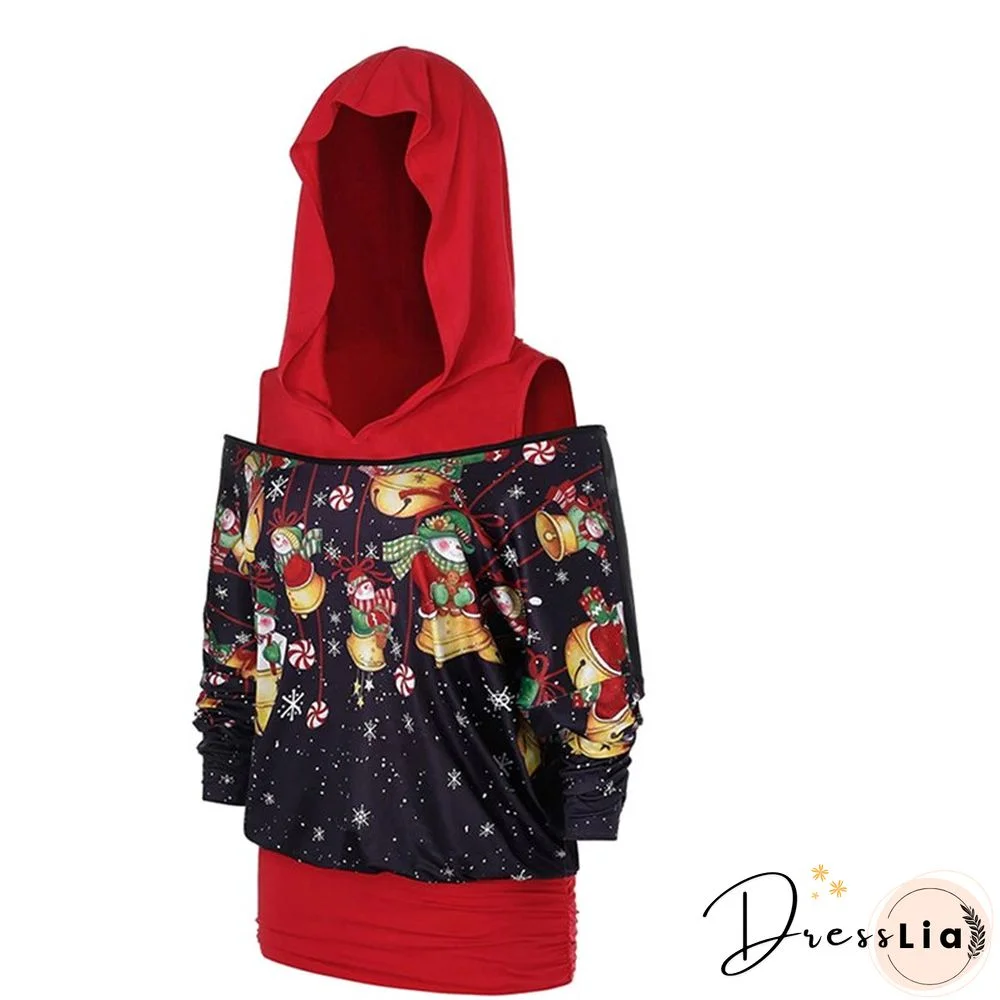 Women Christmas Top Fashion Long Sleeve Snowman Snowflake Printed Pattern Hooded Pullover Loose Clothes Ladies Blouses