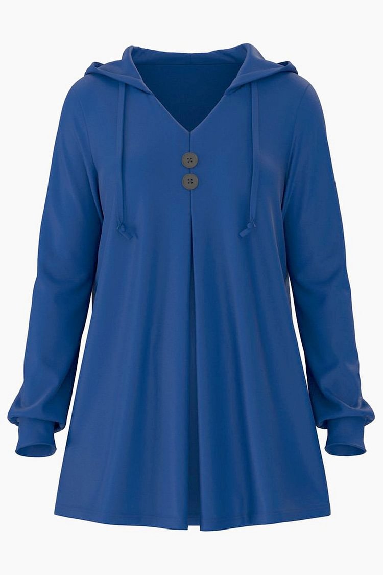 Flycurvy Plus Size Casual Navy Blue Pleated Button Threaded Sleeve Hooded  flycurvy [product_label]