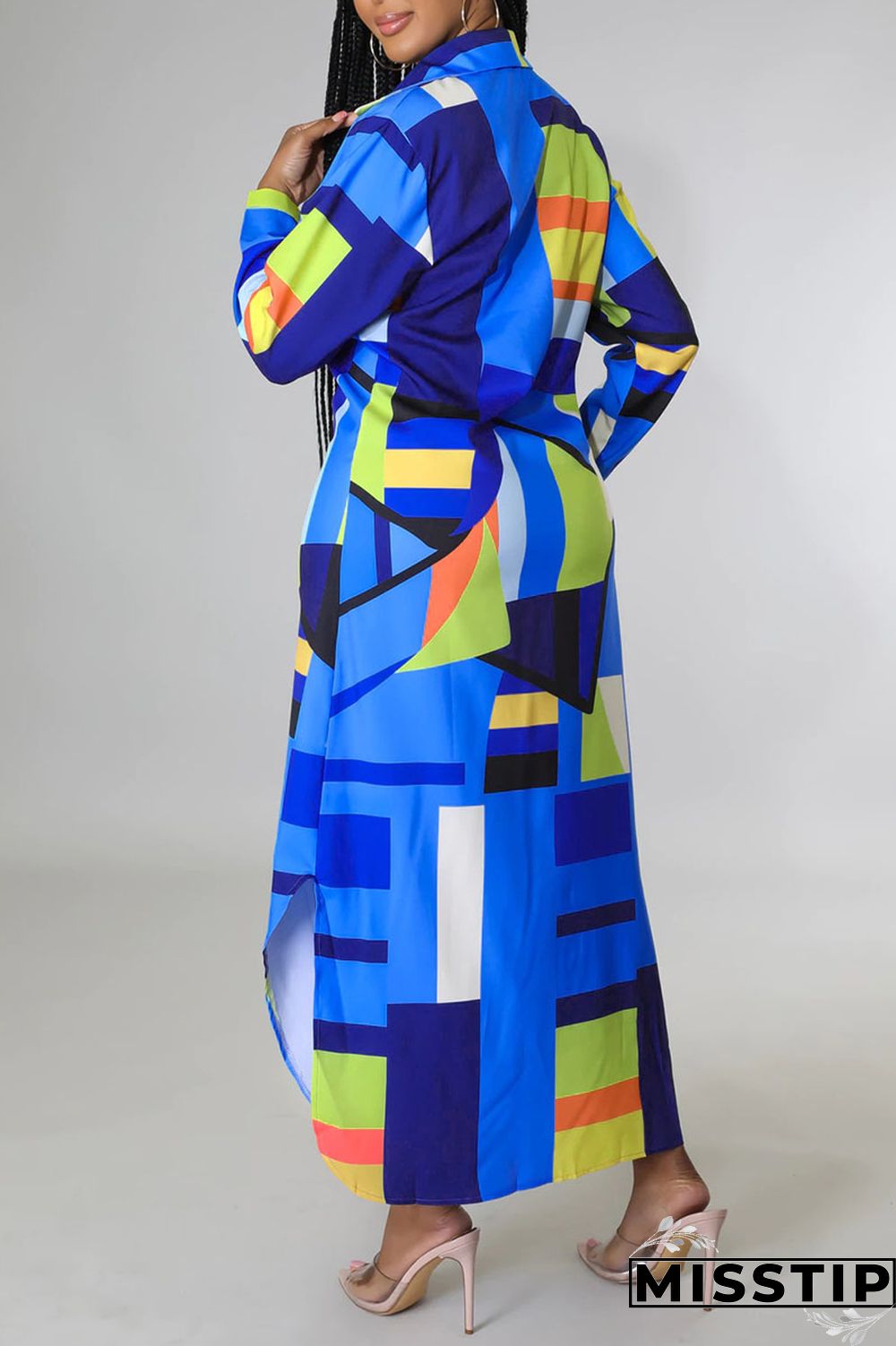 Blue Casual Print Patchwork Buckle Turndown Collar Shirt Dress Dresses