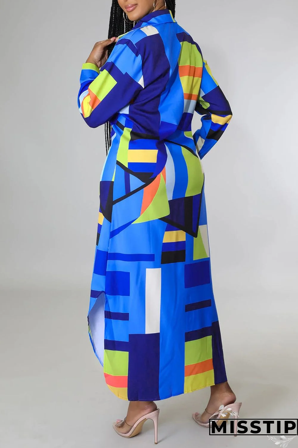 Blue Casual Print Patchwork Buckle Turndown Collar Shirt Dress Dresses