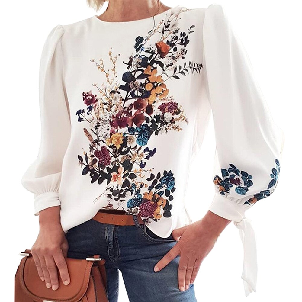 Women Printed Embroidery Blouse Casual  O Neck Long Sleeve Shirt