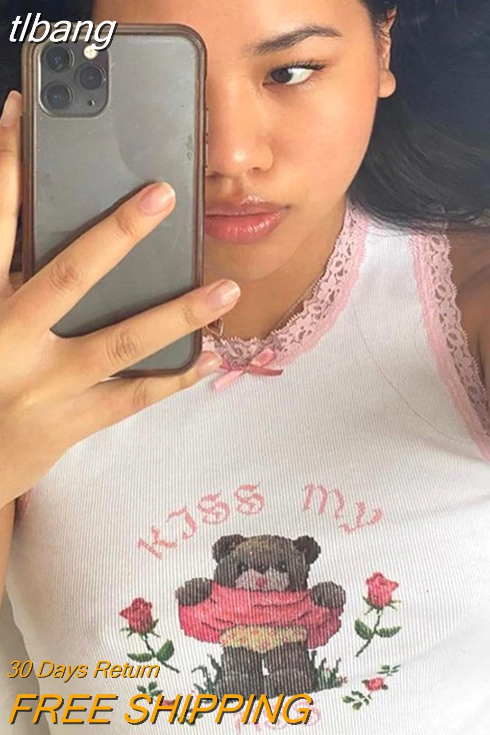 tlbang y2k Kawaii Bear Crop Top Slim Vest Sleeveless Crew Neck Lace Trim Tank Tops Cute Aesthetic Sweat Tshirt Streetwear