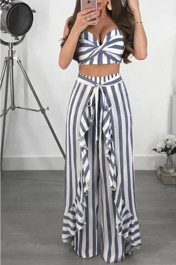 Off The Shoulder Stripe Ruffle Two Piece Sets