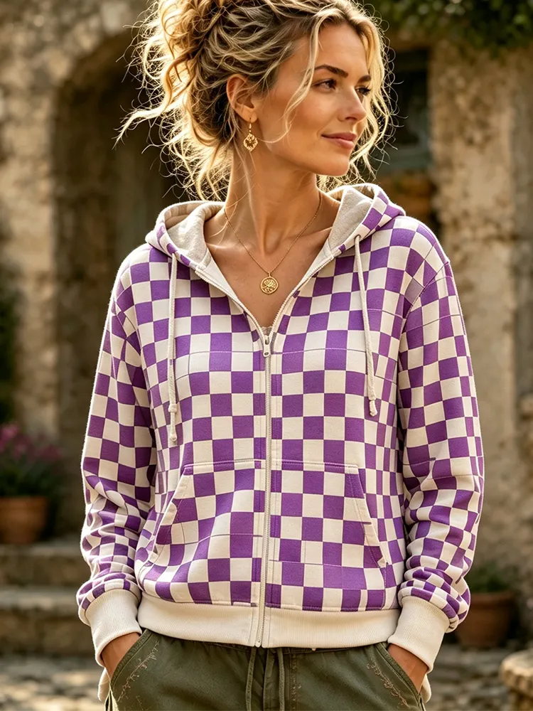 Comstylish Women's Casual Zip-up Hoodie - Purple And White Checkered Checkerboard Print Outerwear