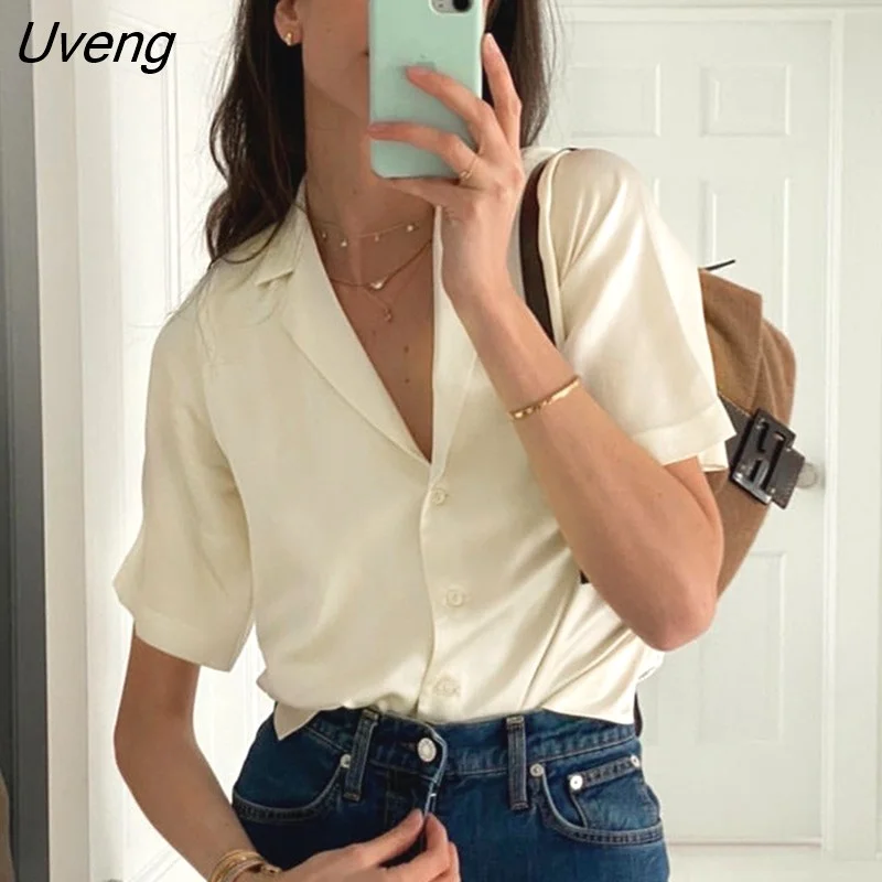 Uveng Stain Tops And Blouse Short Sleeve Turn Down Collar Comfort Fashion Femme Shirts Button Solid Color 2023 Summer